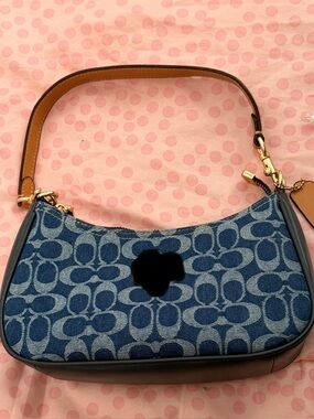 Blue Signature Jacquard Shoulder Bag with Tan Strap